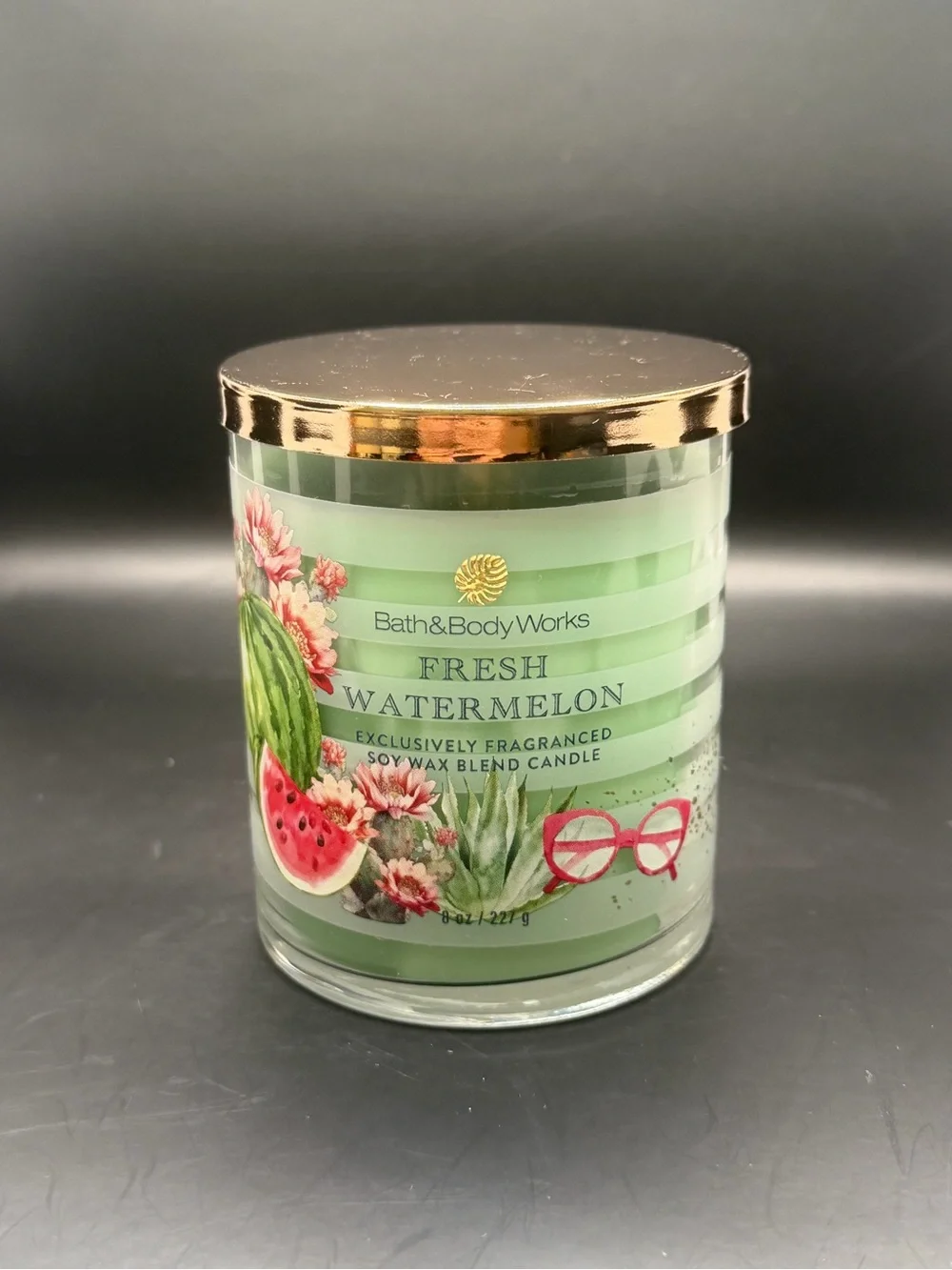 Bath & Body Works Fresh Watermelon Candle Single-Wick 8OZ Green w/ Gold Lid